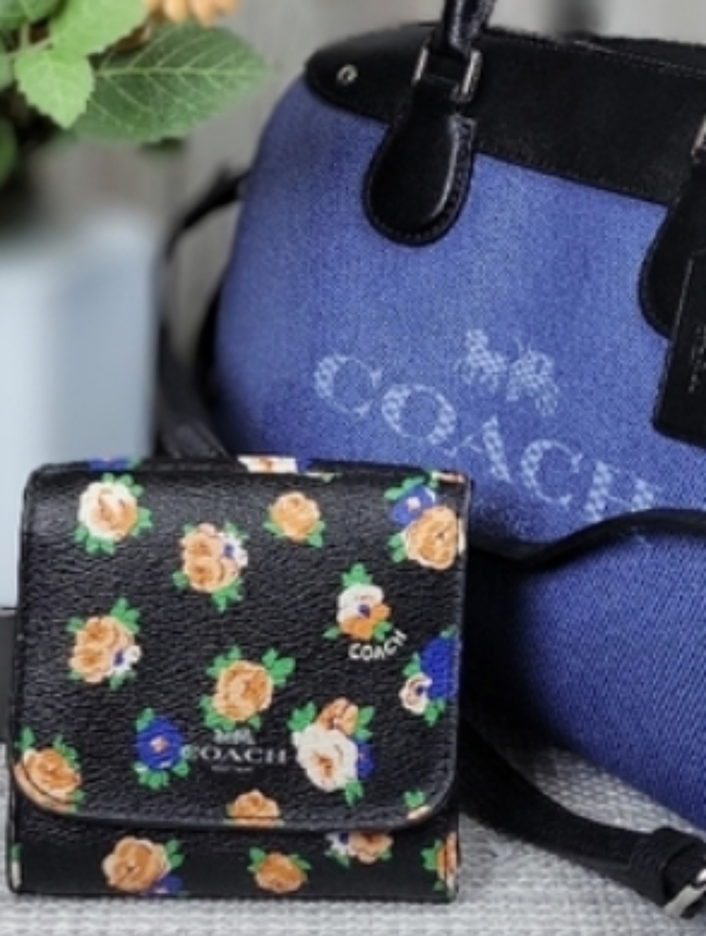 COACH-2pc Bennett Tea Rose Floral Satchel & Snap Wallet (Blue-Multi 💙) - Picture 10 of 11